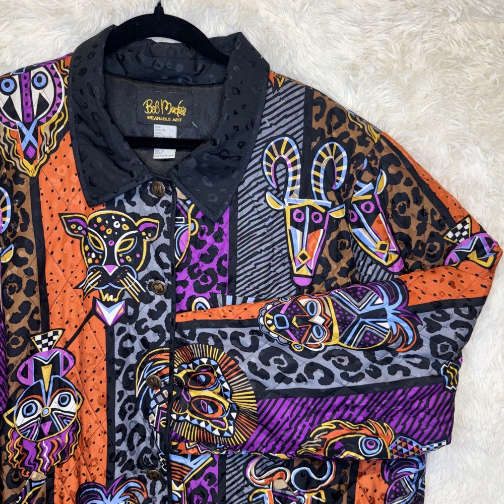 Bob Mackie Sz 2X Wearable Art 100% Silk Quilted Tribal Mask Animal Print Jacket